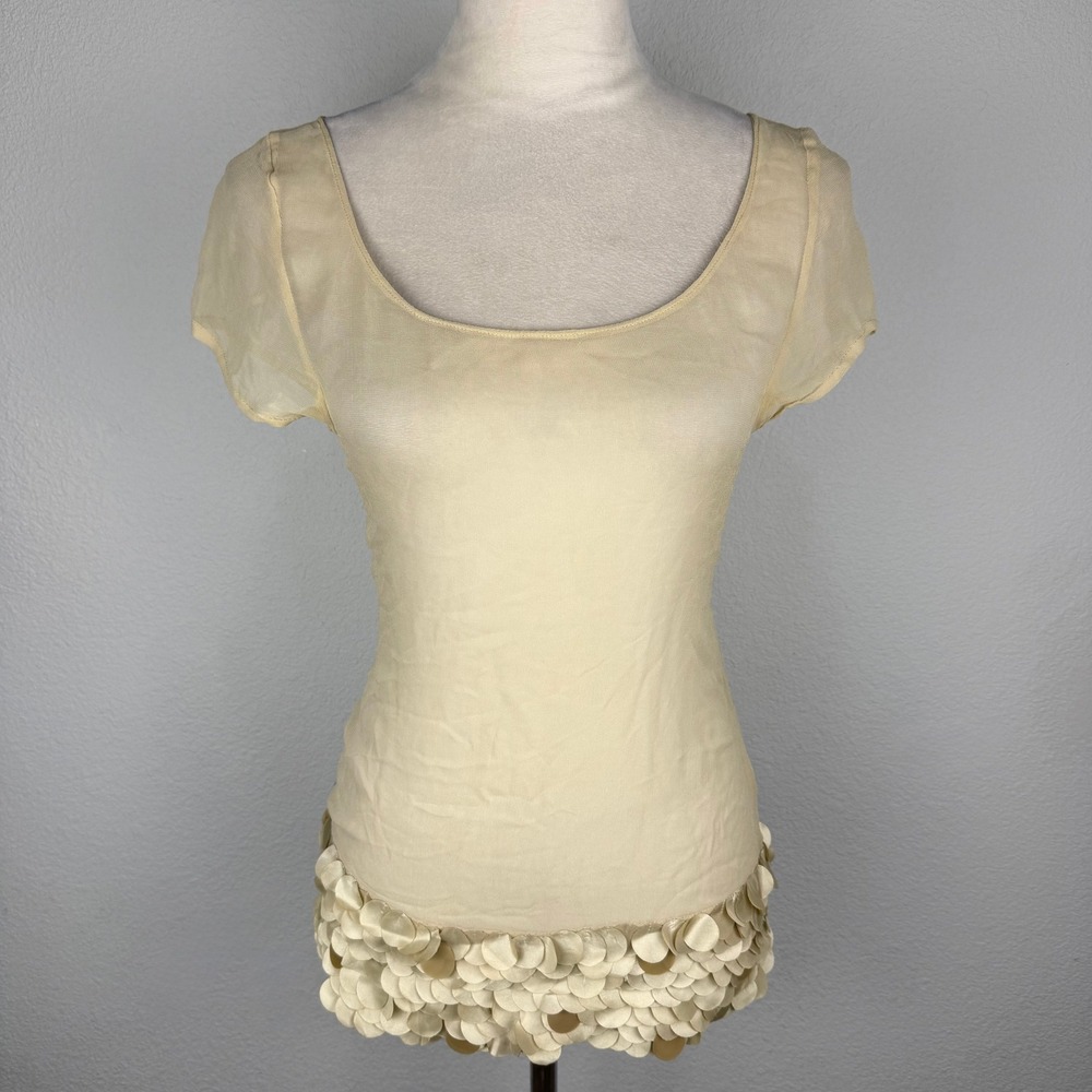 VTG Twin-Set Simona Barbieri 100% Silk Cream Sheer Petal Sequin Hem Luxury Top